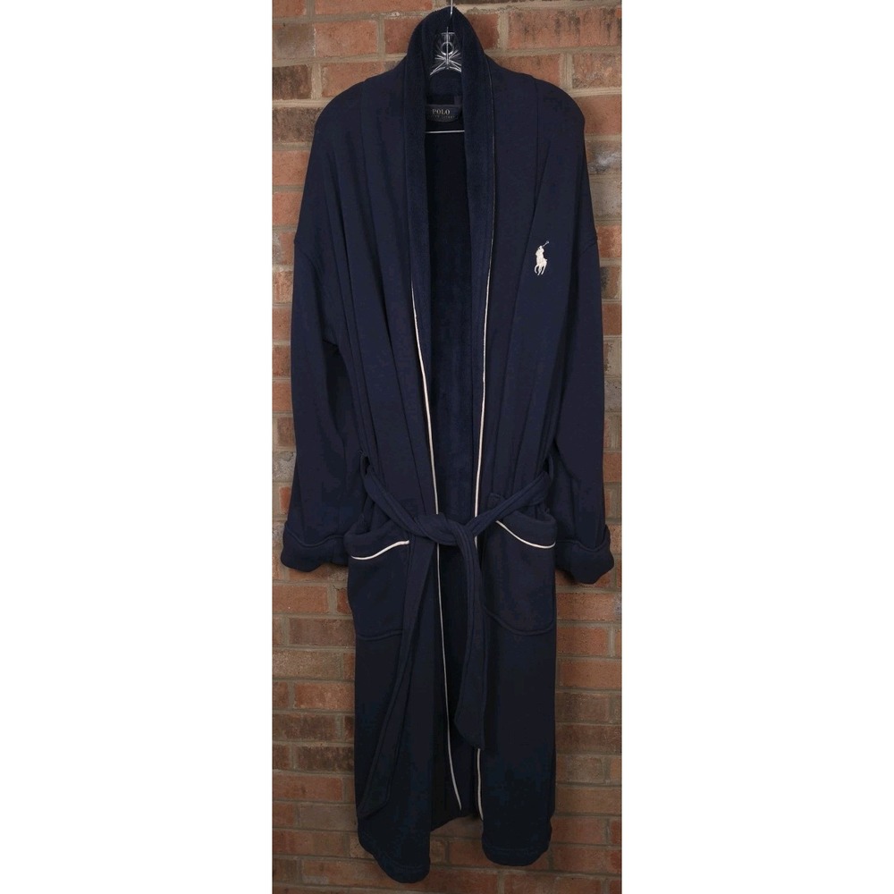Polo Ralph Lauren Bath Robe Mens One Size Navy Blue Fleece Belted Big Pony